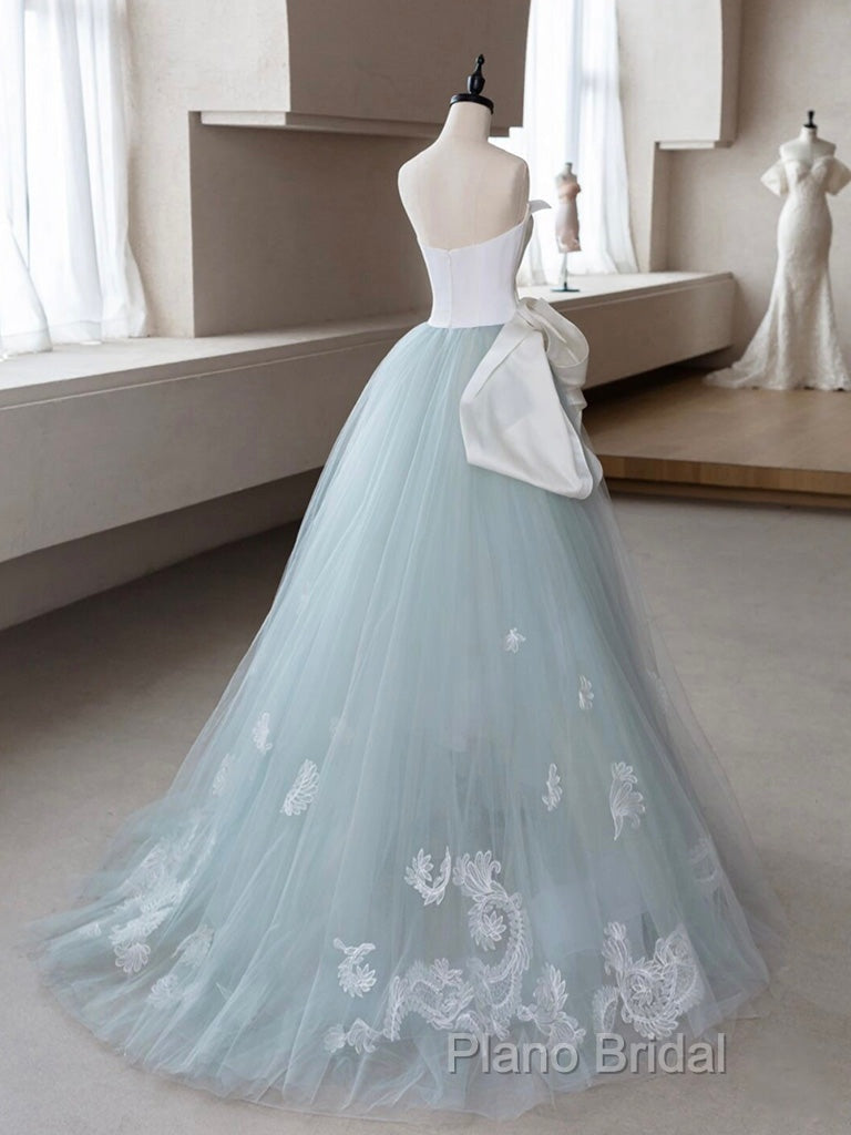 A-Line Blue Tulle Lace Applique Long Formal Prom Dresses, Blue Long Formal Dresses
