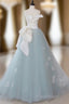 A-Line Blue Tulle Lace Applique Long Formal Prom Dresses, Blue Long Formal Dresses