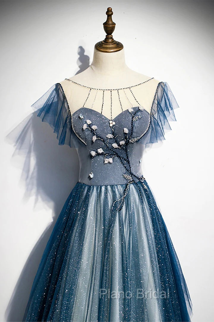 A-line Blue Tulle Long Beaded Formal Prom Dresses, A-Line Formal Evening Dresses Secondary image