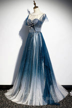 A-line Blue Tulle Long Beaded Formal Prom Dresses, A-Line Formal Evening Dresses