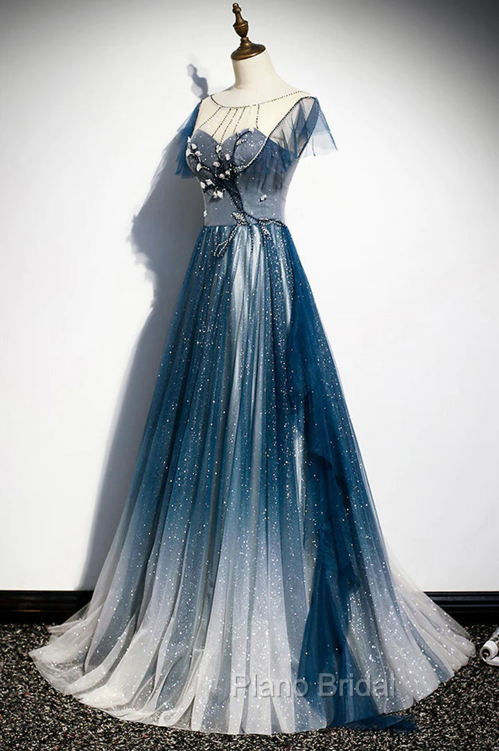 A-line Blue Tulle Long Beaded Formal Prom Dresses, A-Line Formal Evening Dresses