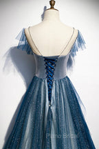 A-line Blue Tulle Long Beaded Formal Prom Dresses, A-Line Formal Evening Dresses