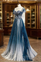 A-line Blue Tulle Long Beaded Formal Prom Dresses, A-Line Formal Evening Dresses