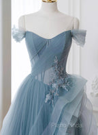 A-Line Blue Tulle Long Party Dresses With Lace, Off Shoulder Tulle Formal Prom Dresses