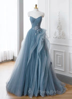 A-Line Blue Tulle Long Party Dresses With Lace, Off Shoulder Tulle Formal Prom Dresses
