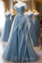 A-Line Blue Tulle Long Party Dresses With Lace, Off Shoulder Tulle Formal Prom Dresses