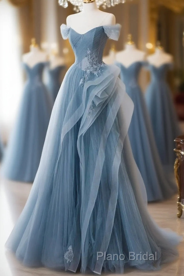 A-Line Blue Tulle Long Party Dresses With Lace, Off Shoulder Tulle Formal Prom Dresses Main image
