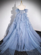 A-line Blue Tulle Long Formal Prom Dresses, Blue Long Evening Dresses