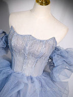 A-line Blue Tulle Long Formal Prom Dresses, Blue Long Evening Dresses