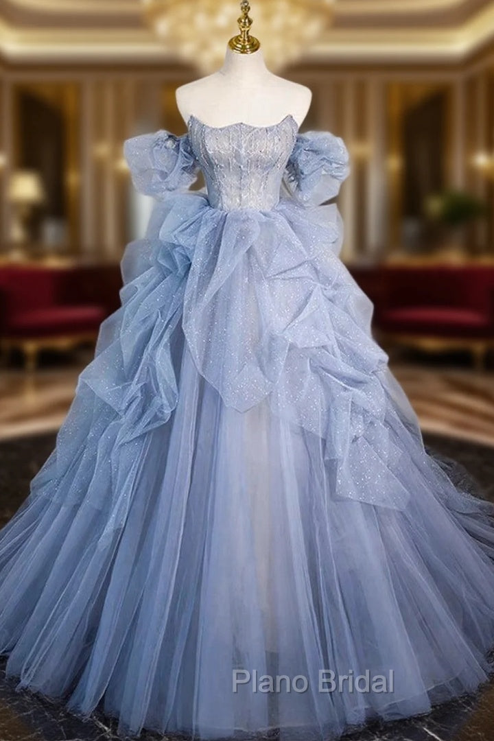 A-line Blue Tulle Long Formal Prom Dresses, Blue Long Evening Dresses Main image