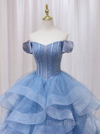 A-Line Blue Tulle Long Formal Prom Dresses, Blue Sweet 16 Dresses
