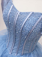 A-Line Blue Tulle Long Formal Prom Dresses, Blue Sweet 16 Dresses