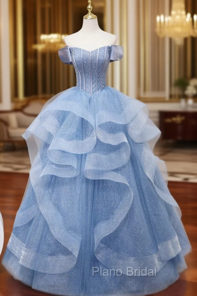 A-Line Blue Tulle Long Formal Prom Dresses, Blue Sweet 16 Dresses Main image