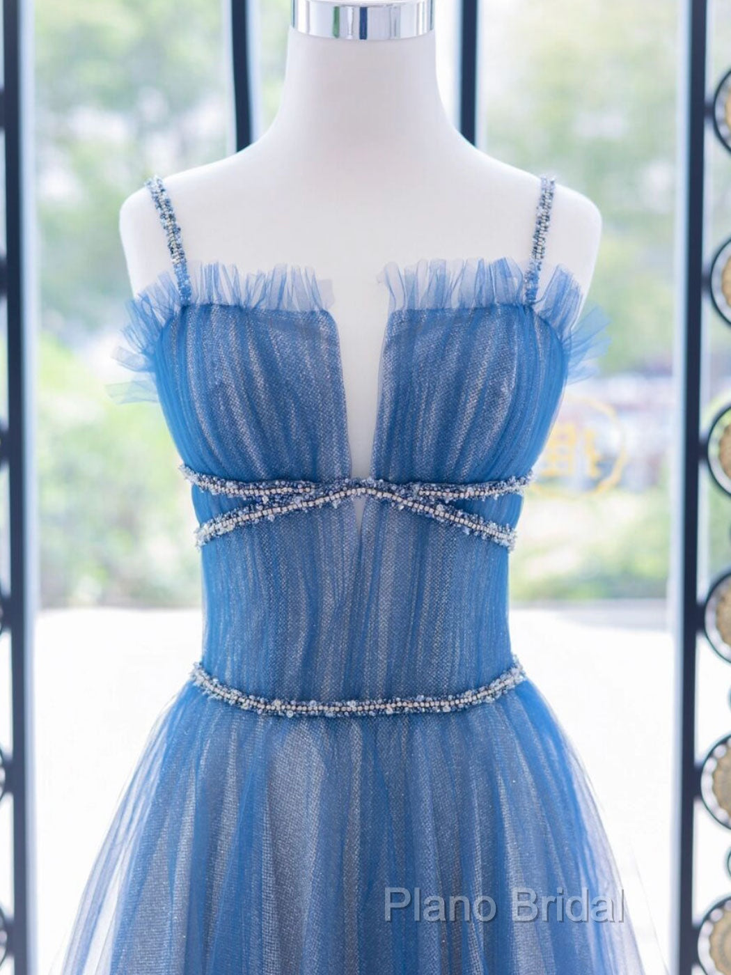 A-Line Blue Tulle Long Formal Prom Dresses, Blue Tulle Formal Dresses Secondary image