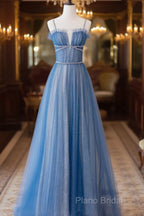 A-Line Blue Tulle Long Formal Prom Dresses, Blue Tulle Formal Dresses