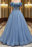 A-line Blue Tulle Off the Shoulder Beading Pleats Formal Prom Dresses