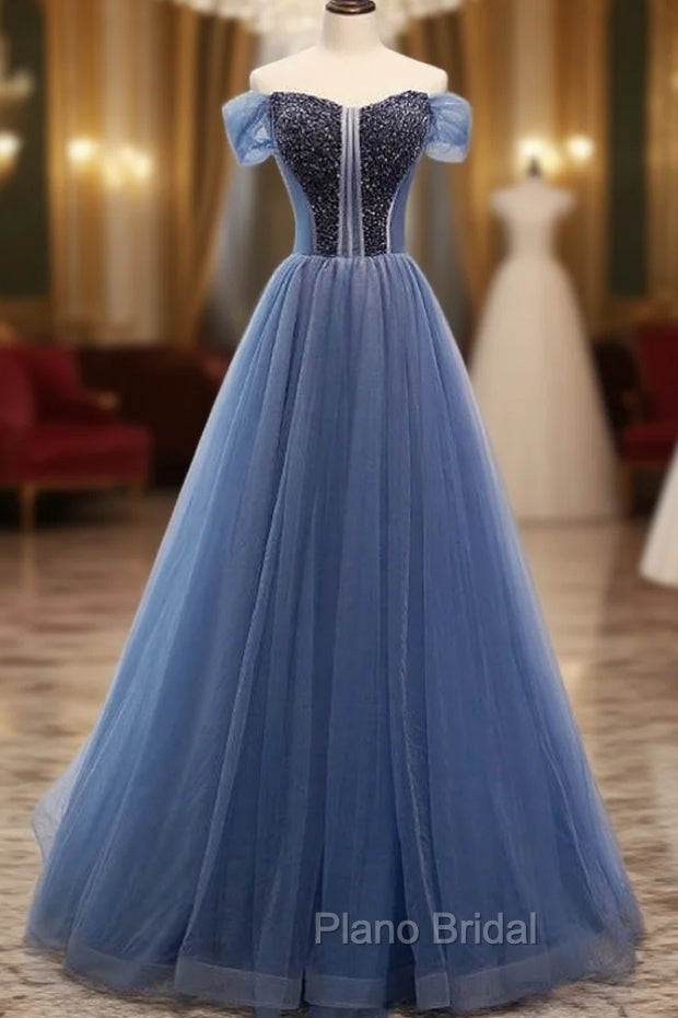 A-Line Blue Tulle Off the Shoulder Beading Formal Prom Dresses
