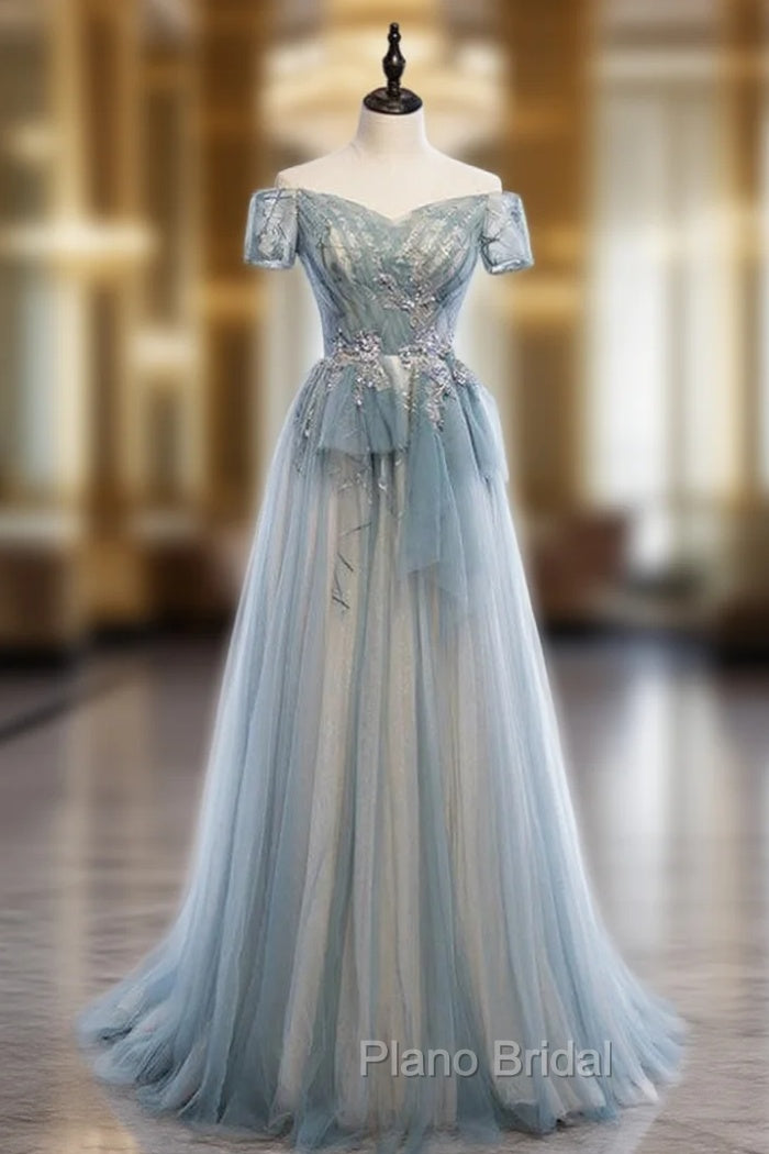 A-Line Blue Tulle Off the Shoulder Short Sleeve Formal Prom Dresses Main image