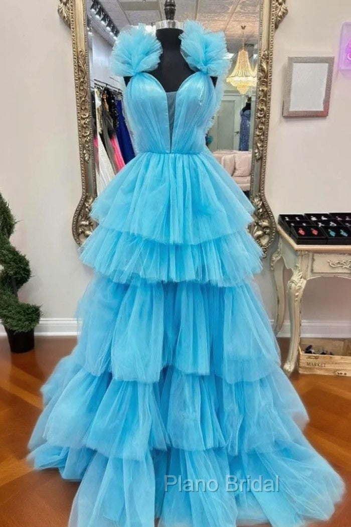 A-LIne Blue Tulle Pleats Formal Prom Dresses Main image