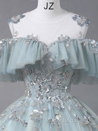 A-Line Blue Tulle sequin Lace Long Formal Prom Dresses, Blue Lace Sweet 16 Dresses