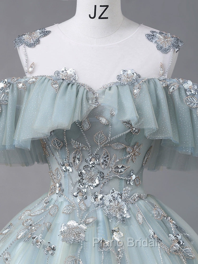 A-Line Blue Tulle sequin Lace Long Formal Prom Dresses, Blue Lace Sweet 16 Dresses