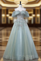 A-Line Blue Tulle sequin Lace Long Formal Prom Dresses, Blue Lace Sweet 16 Dresses