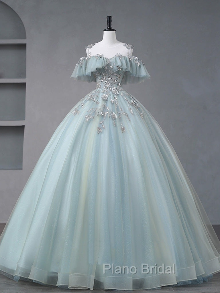A-Line Blue Tulle sequin Lace Long Formal Prom Dresses, Blue Lace Sweet 16 Dresses Secondary image