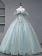 A-Line Blue Tulle sequin Lace Long Formal Prom Dresses, Blue Lace Sweet 16 Dresses