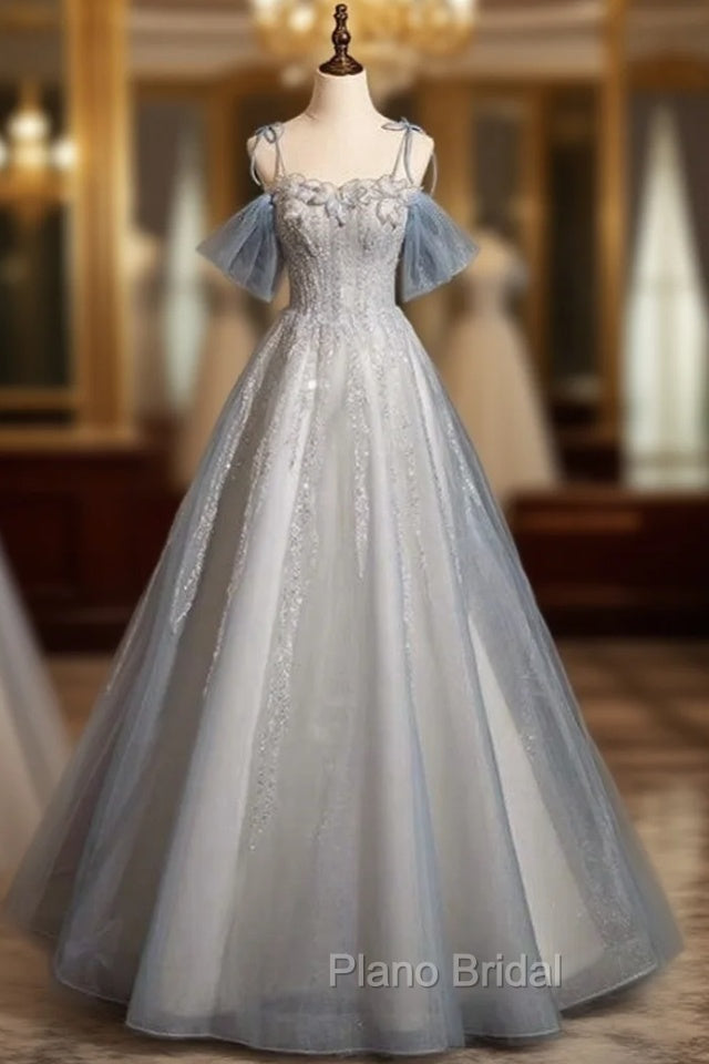 A-line Blue Tulle Sequins Spaghetti Straps Formal Prom Dresses