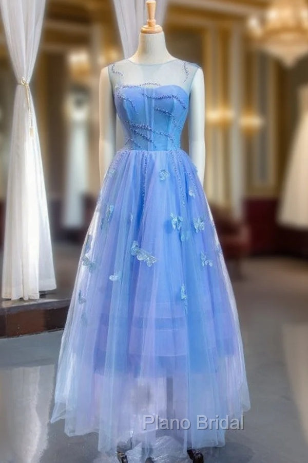 A-Line Blue Tulle Sleeveless Butterfly Backless Beading Formal Prom Dresses Main image