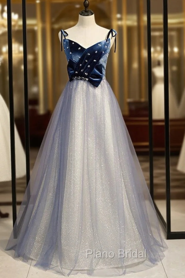 A-Line Blue Tulle Spaghetti Straps Beading Formal Prom Dresses 2020 Main image
