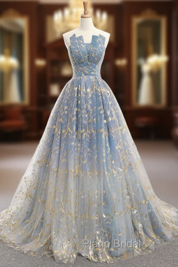 A-Line Blue Tulle Strapless Neck Floor Length Wedding Dresses Main image