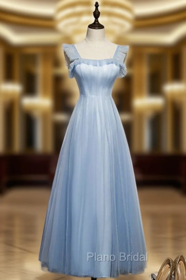 A-Line Blue Tulle Straps Ankle Length Formal Prom Dresses Main image