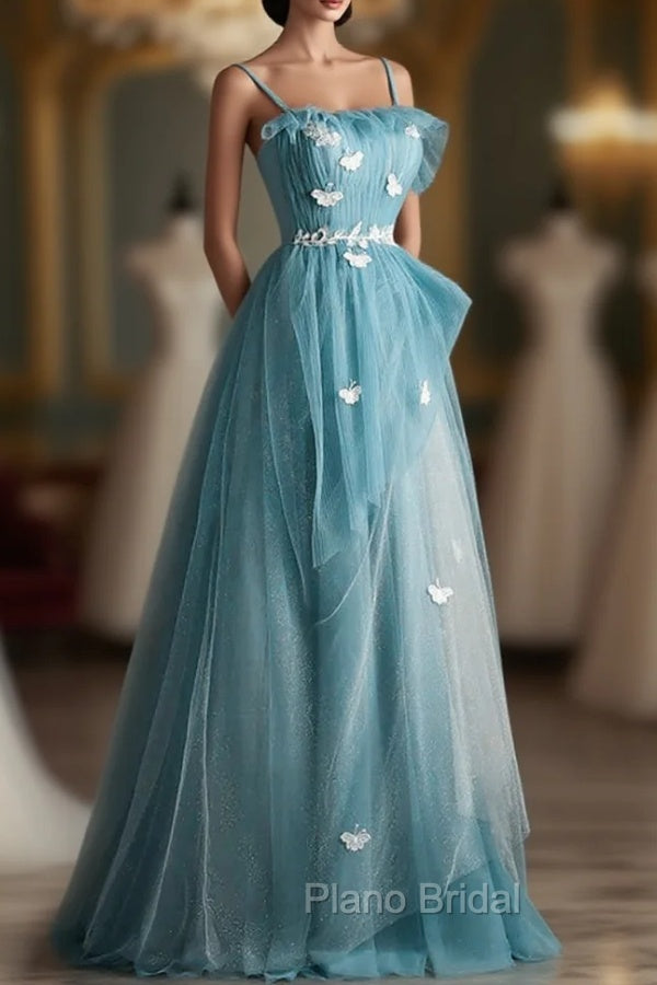 A-line Blue Tulle Straps Long Formal Dresses, Blue Long Evening Dresses Formal Prom Dresses