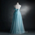A-line Blue Tulle Straps Long Formal Dresses, Blue Long Evening Dresses Formal Prom Dresses