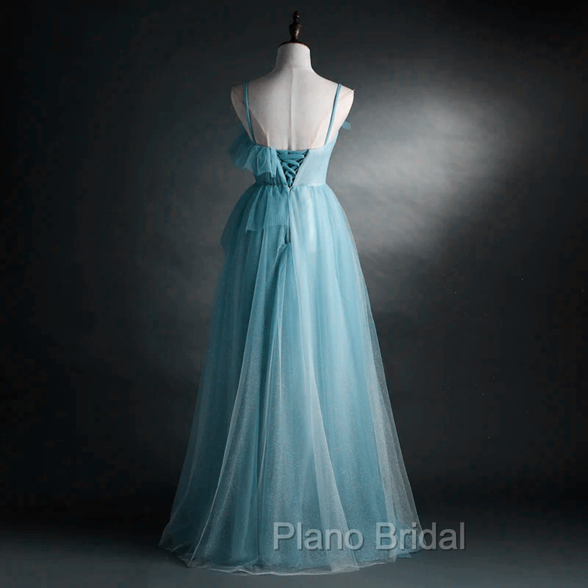 A-line Blue Tulle Straps Long Formal Dresses, Blue Long Evening Dresses Formal Prom Dresses