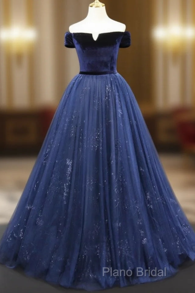 A-Line Blue Tulle Velvet Long Formal Prom Dresses, Blue Formal Dresses
