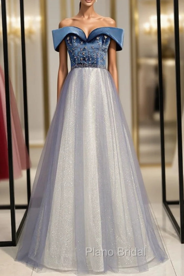 A-Line Blue Tulle Velvet Off the Shoulder Beading Formal Prom Dresses Main image