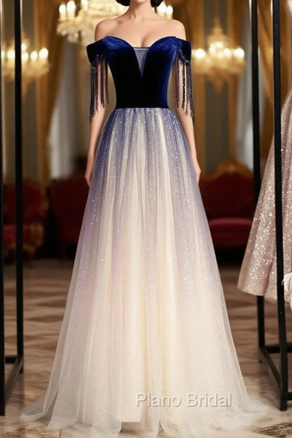 A-Line Blue Velvet Spagehtti Straps Beading Formal Prom Dresses Main image