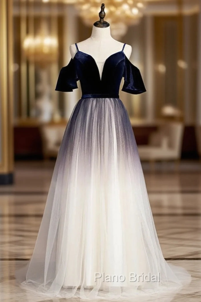 A-Line Blue Velvet Tulle Spagehtti Straps Long Formal Prom Dresses