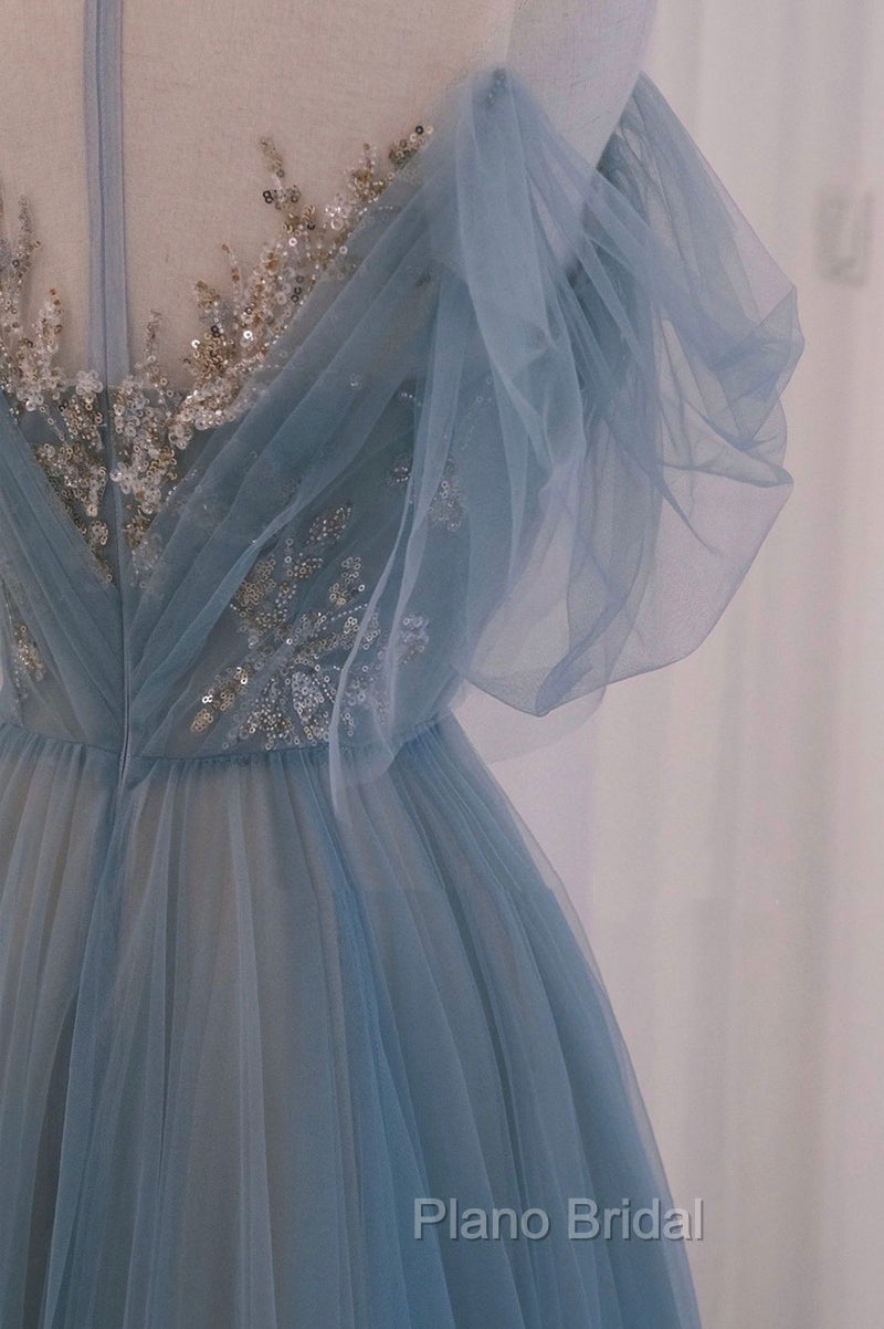 A-line Blue with Lace Applique Party Dresses, Long Blue Formal Dresses Formal Prom Dresses