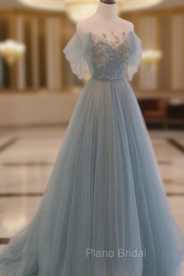 A-line Blue with Lace Applique Party Dresses, Long Blue Formal Dresses Formal Prom Dresses Main image
