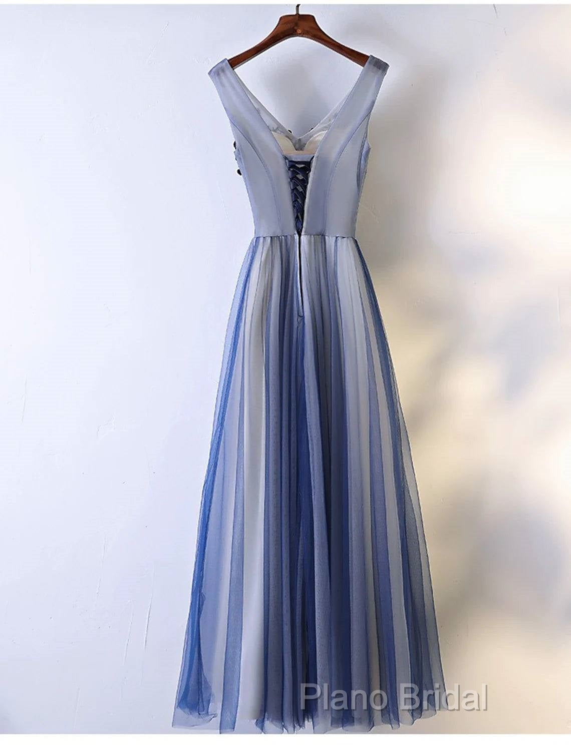 A-Line Bridesmaid Dresses V Neck Sleeveless Elegant Floor Length Tulle With Beading / Appliques Secondary image