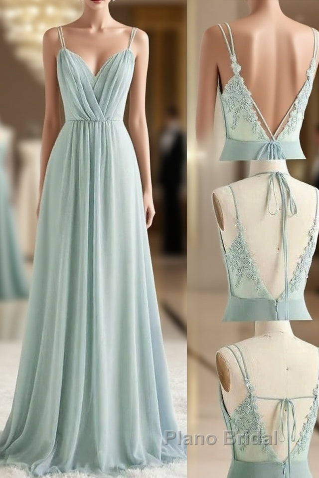 A-Line Bridesmaid Dresses V Neck / Spaghetti Strap Sleeveless Sexy Floor Length Chiffon / Lace With Appliques