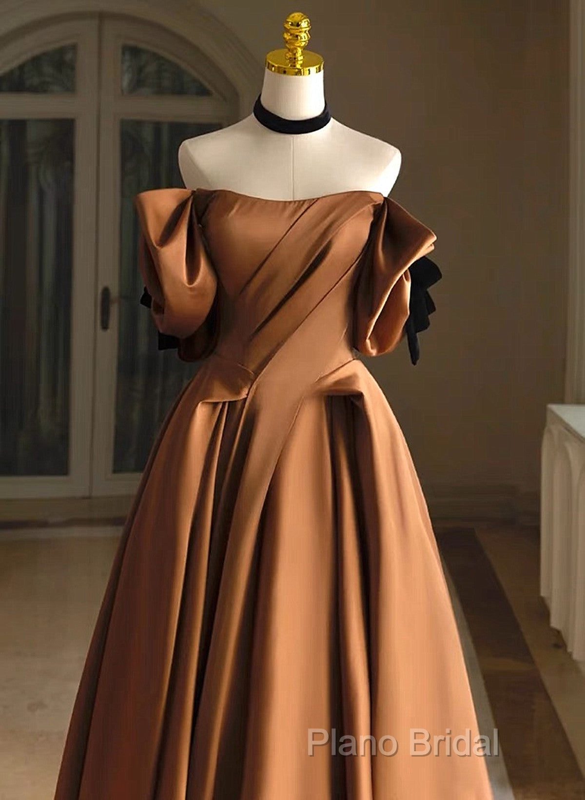 A-Line Brown Satin Off Shoulder Scoop Long Formal Prom Dresses, Satin Formal Dresses Secondary image