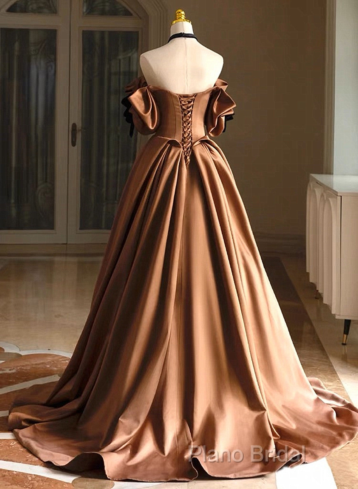 A-Line Brown Satin Off Shoulder Scoop Long Formal Prom Dresses, Satin Formal Dresses