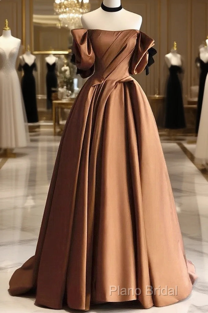 A-Line Brown Satin Off Shoulder Scoop Long Formal Prom Dresses, Satin Formal Dresses Main image