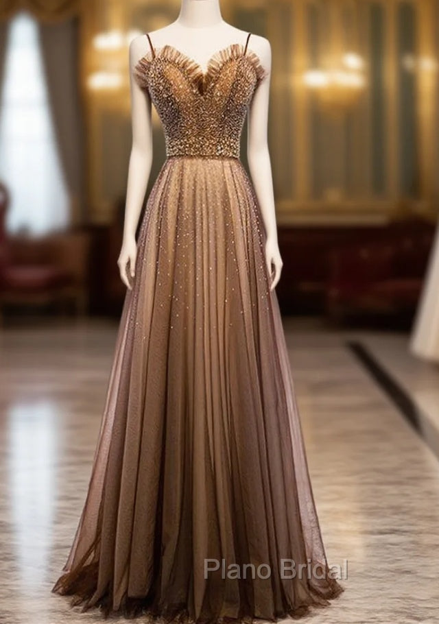 A-Line Brown Tulle Spagehtti Straps Beading Sequins Formal Prom Dresses Main image