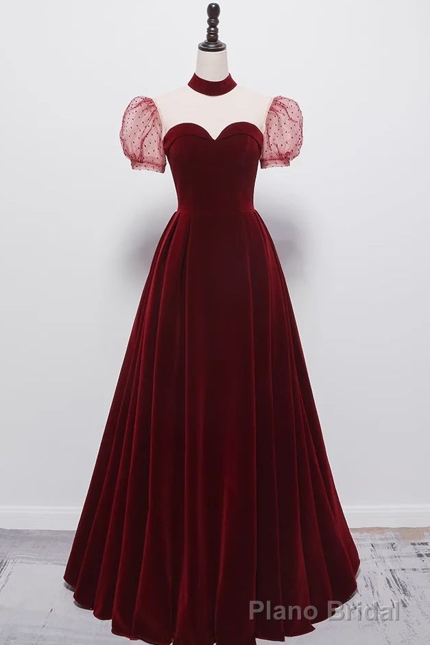 A line Burgundy Evening Party Dress Velvet Long Prom Dress