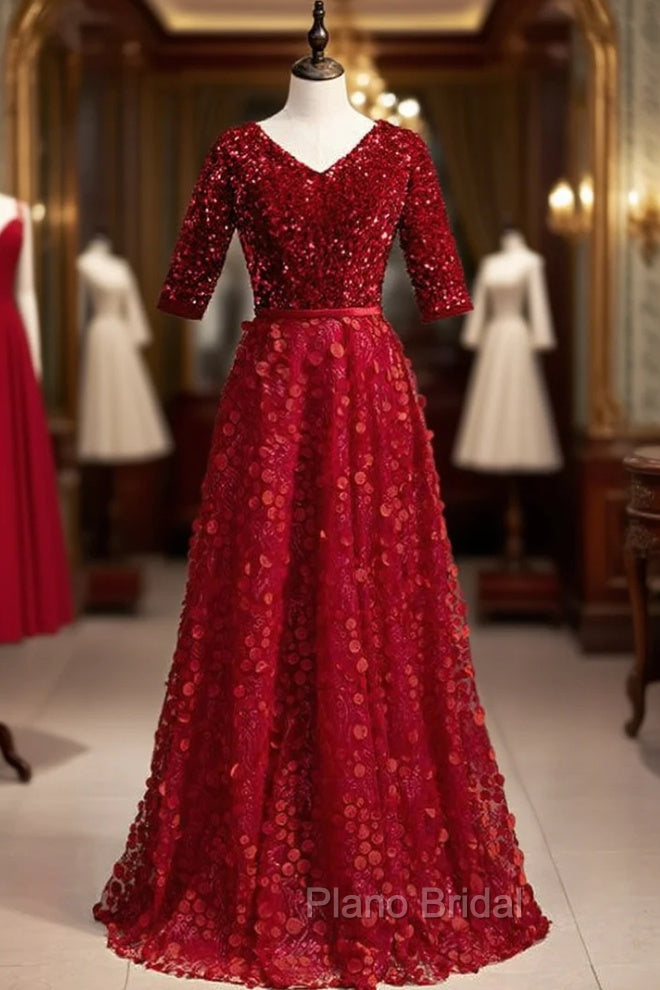 A-Line Burgundy Lace Sequins V-neck Short Sleeve Formal Prom Dresses